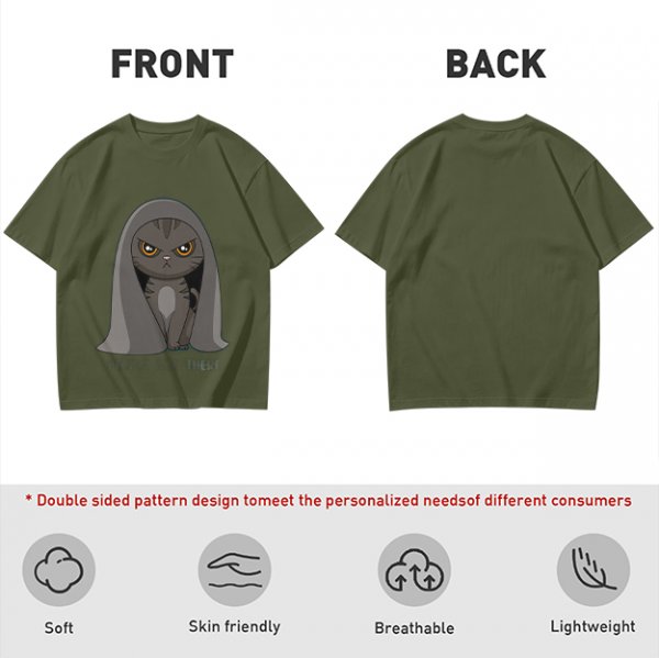 Olive T-shirt with Angry Cat in Hooded Cloak Graphic Print
