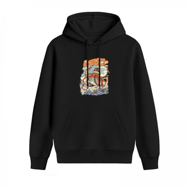 Black Hoodie With Vintage Octopus Monster Wave Graphic