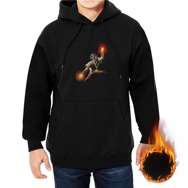 Black Hoodie With Dynamic Fire Wielding Warrior Graphic