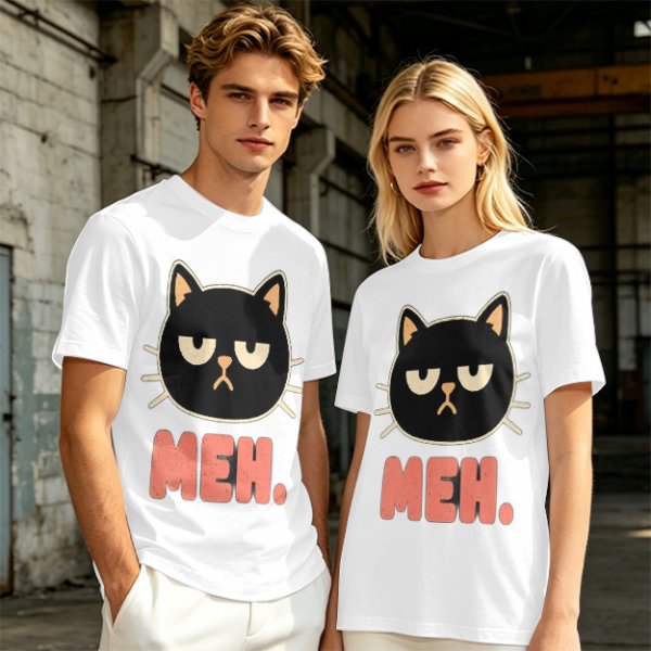 Olive T-Shirt With Grumpy Black Cat Meh Graphic Print