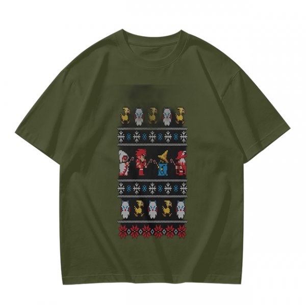 Olive T-Shirt With Final Fantasy Christmas Themed Pixel Art Print