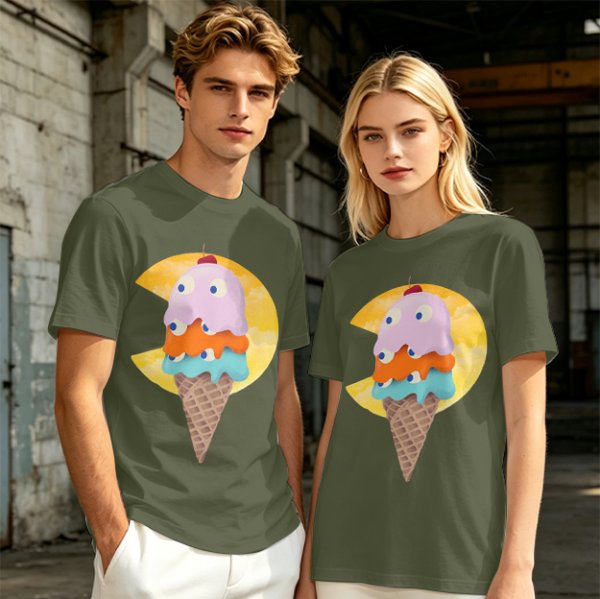 Olive T-Shirt With Melting Ice Cream Ghost Graphic Design