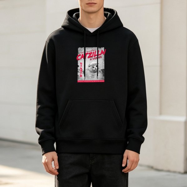Black hoodie with catzilla graphic print