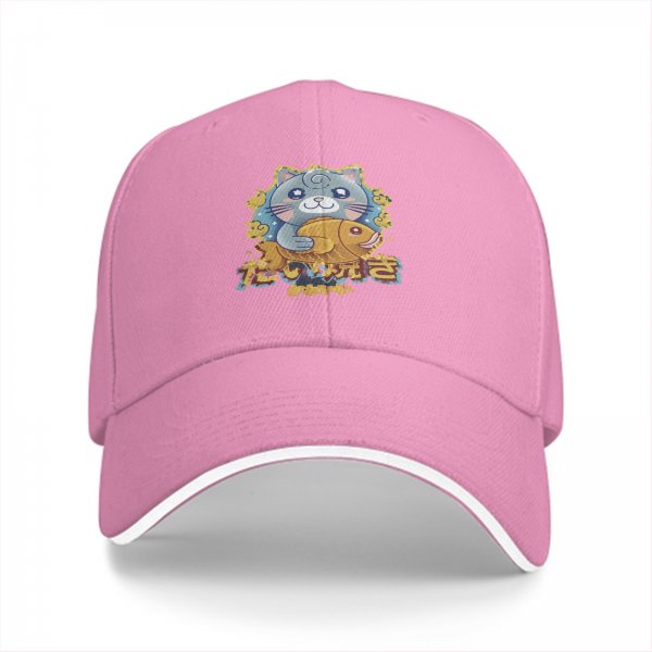 Black Baseball Cap With Cute Cat Holding Taiyaki Japanese Art