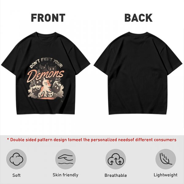 Olive graphic t-shirt with 'Don't Fight Your Demons' cat art