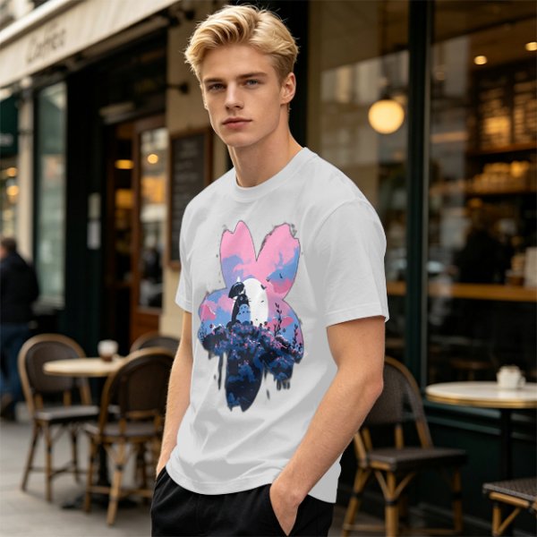 Olive T-Shirt with Sakura Flower and Whimsical Forest Creature Print