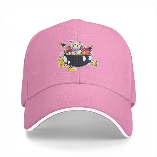 Black baseball cap with cute cartoon character in ramen bowl print