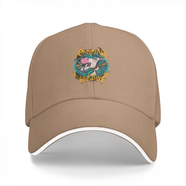Black baseball cap with rock unicorn graphic and text