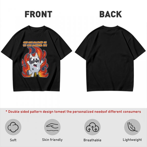 Olive t-shirt with cartoon dog and 'God has allowed me to live another day' print