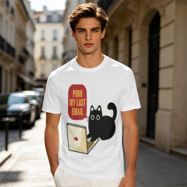 Black cat typing on laptop with 'Purr My Last Email' graphic t-shirt