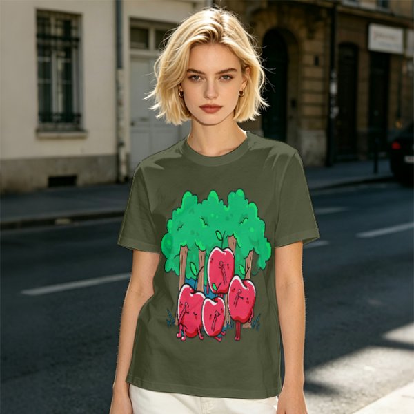 Olive T-Shirt With Cartoon Anthropomorphic Apples In Forest Print