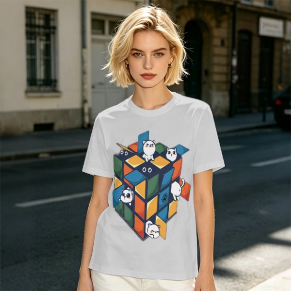 Olive T-Shirt With Cute Cats On A Rubik's Cube Graphic