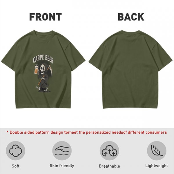 Olive green t-shirt with Carpe Beer grim reaper holding beer mug graphic