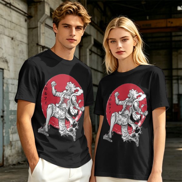Olive T-shirt with Luffy Gear 5 Sun God Nika Anime Print