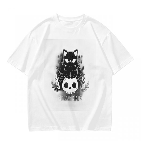 Olive green graphic t-shirt with black cat and skull print