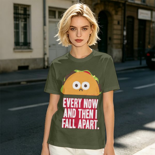 Olive T-Shirt With Sad Taco Graphic And 'Every Now And Then I Fall Apart' Text
