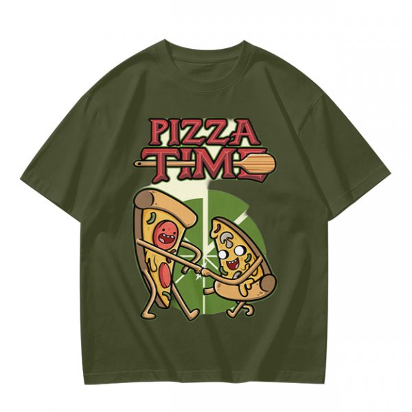 Olive green pizza graphic t-shirt with playful pizza slice characters