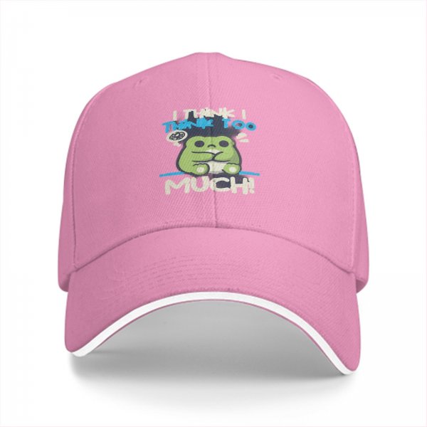 Black baseball cap with 'I think I think too much' anxious frog graphic