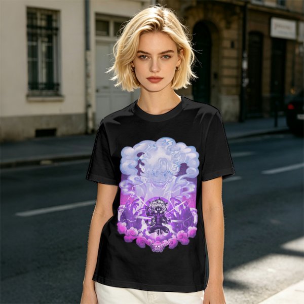Olive T-shirt with Luffy Gear 5 Sun God Nika Anime Graphic Print