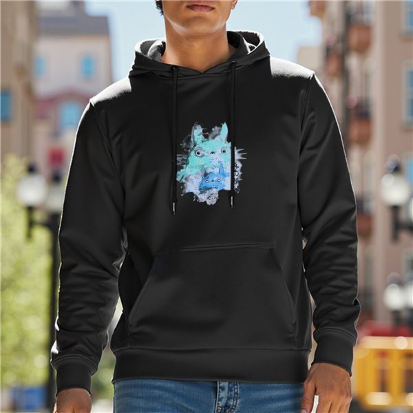 Black hoodie with watercolor Totoro graphic print
