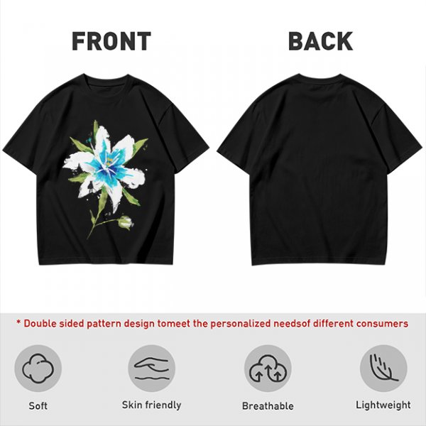 Olive Green T-Shirt with Watercolor Blue Lily Flower Print