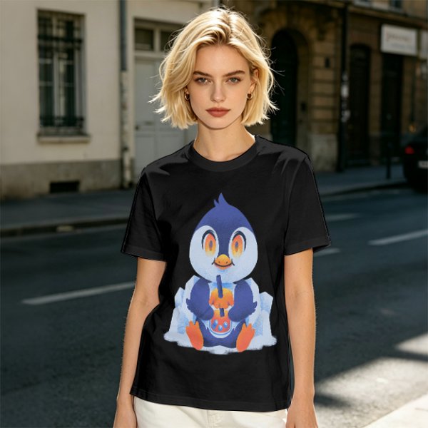 Olive T-shirt with Cute Penguin Drinking Boba Tea Print