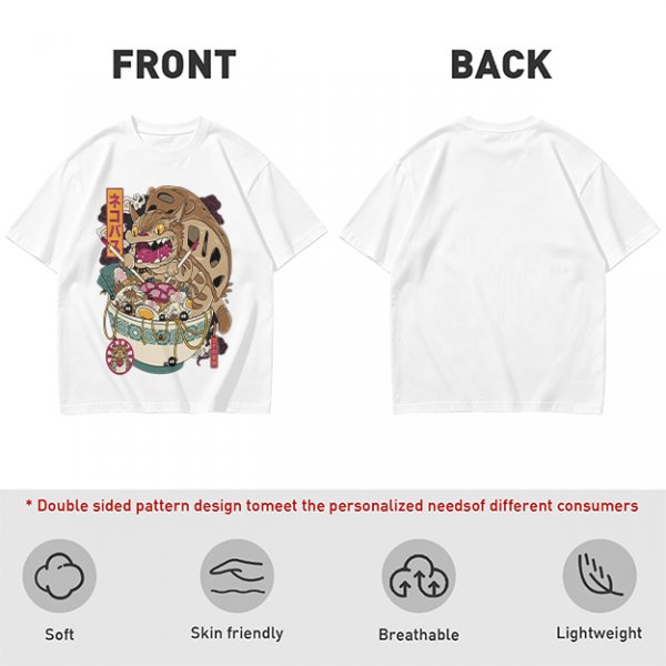 Olive t-shirt with cat bus ramen bowl graphic print