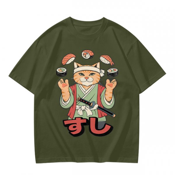 Olive T-Shirt With Cat Sushi Chef Juggling Sushi Print
