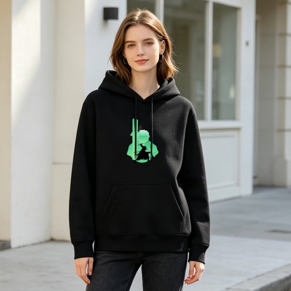 Black Hoodie With Green Samurai Silhouette Graphic