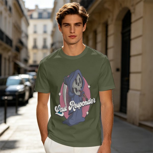 Olive T-Shirt with Cartoon Grim Reaper 'Last Responder' Print