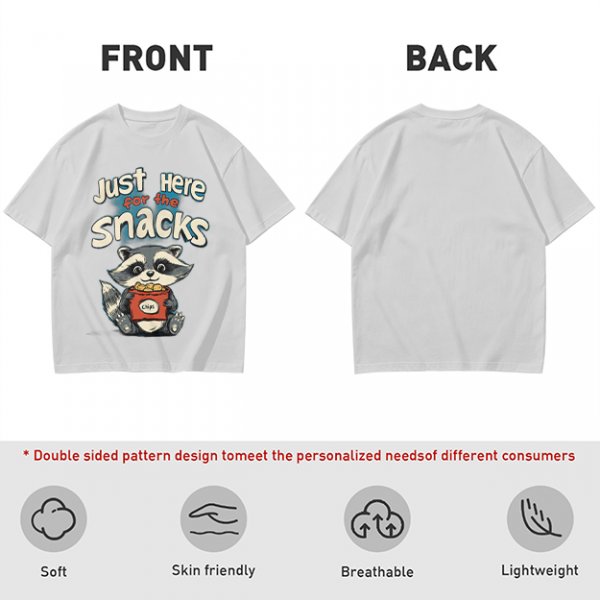 Olive green t-shirt with 'Just Here for the Snacks' and raccoon graphic