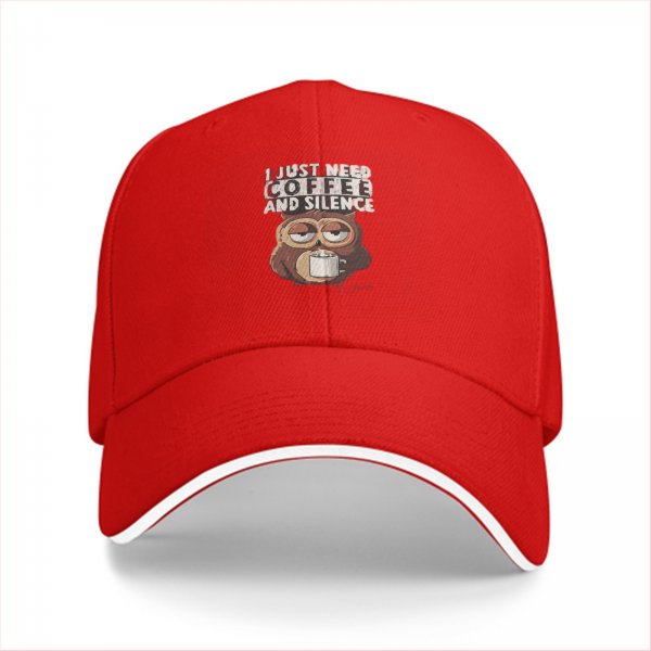 Black baseball cap with 'I just need coffee and silence' sleepy owl print