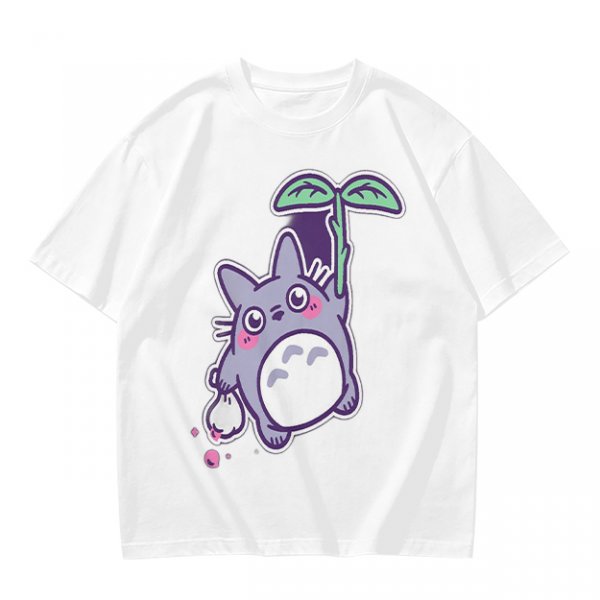 Olive T-Shirt With Cute Chibi Totoro Holding Leaf Print