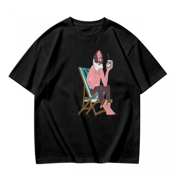 Olive T-Shirt With Relaxed Bearded Man Holding Skull Cup Print