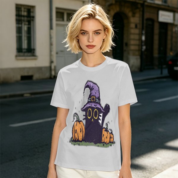 Olive Halloween T-Shirt with Black Cat Witch and Pumpkins
