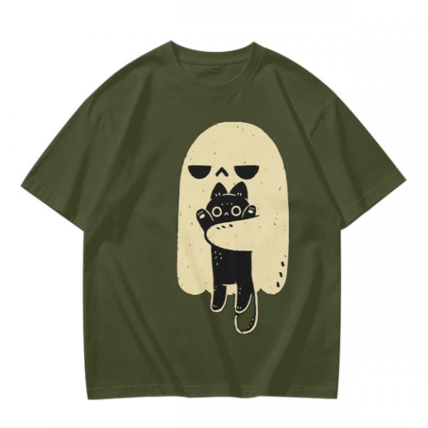 Olive T-Shirt With Ghost Holding Black Cat Graphic