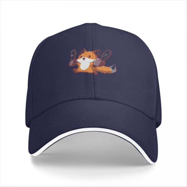 Black baseball cap with a cheerful fox holding chainsaws graphic