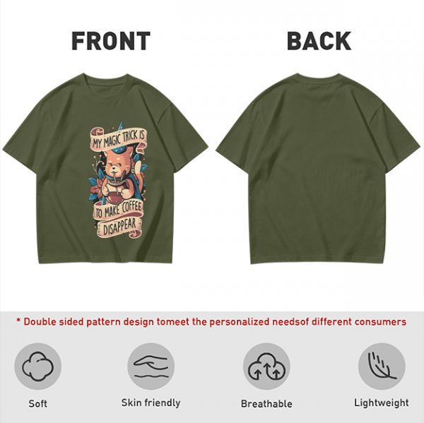 Olive t-shirt with a cat wizard making coffee disappear magic trick print