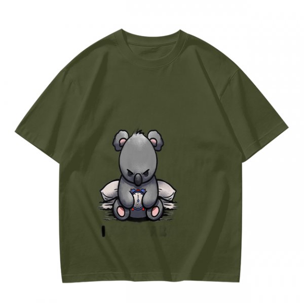 Olive T-shirt with Angry Koala Holding a Small Toy Print