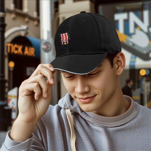 Black baseball cap with a cartoon bacon character wearing a first place medal