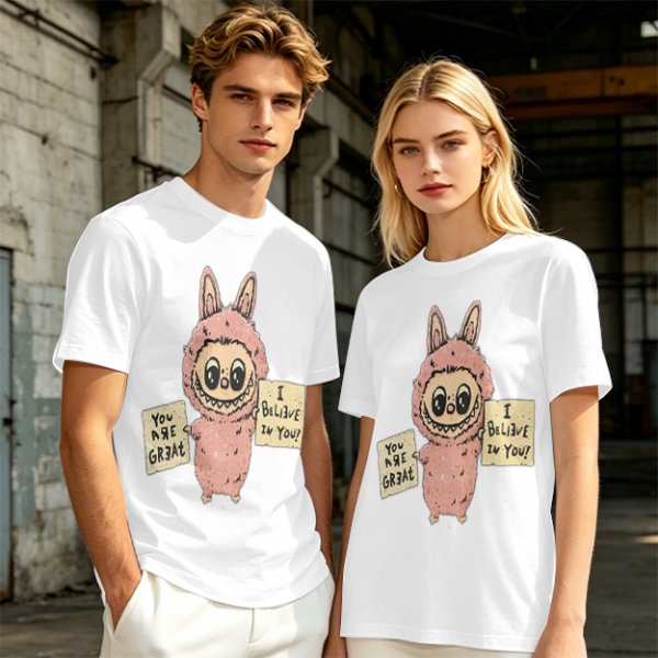 Olive T-shirt with a cute bunny monster holding You Are Great and I Believe In You signs