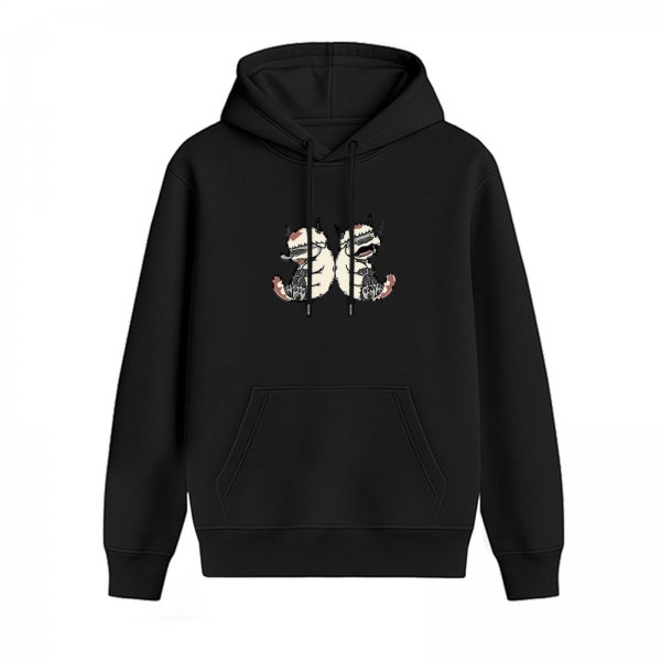 Black hoodie with two blindfolded monster cat graphic