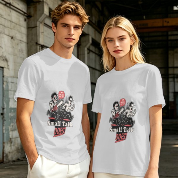 Olive graphic t-shirt with chainsaw man chasing scared person and 'Small Talk Does!' text