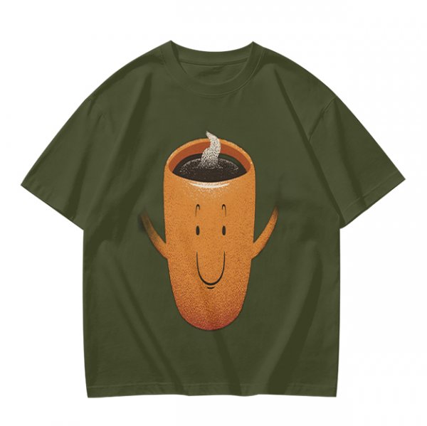 Olive Green T-Shirt With Happy Steaming Coffee Cup Graphic
