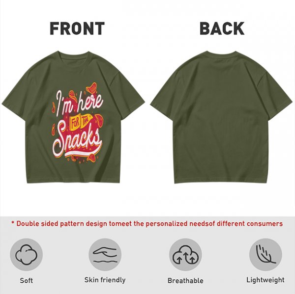 Olive green graphic tee with 'I'm here for the snacks' print