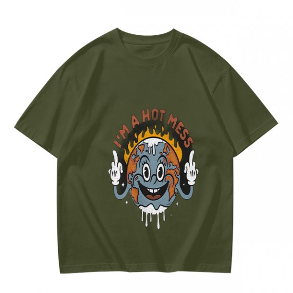 Olive t-shirt with 'I'm a Hot Mess' melting earth graphic