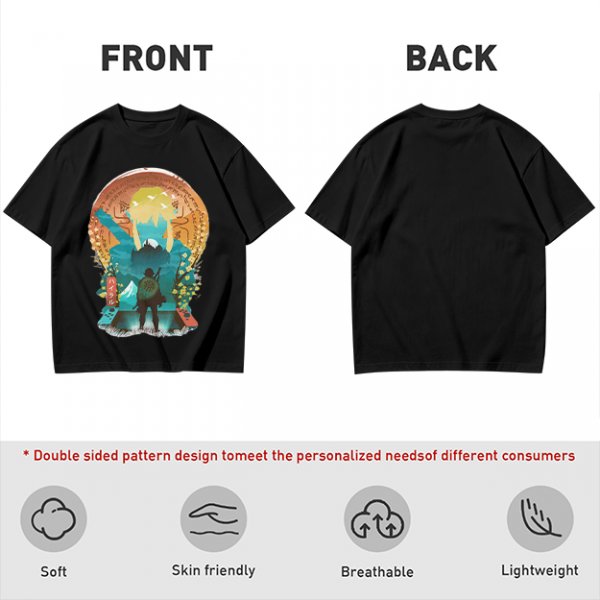Olive Green T-Shirt With Fantasy Hero Silhouette Landscape Art