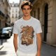 Olive T-Shirt with Coffee Vending Machine and Cats Graphic