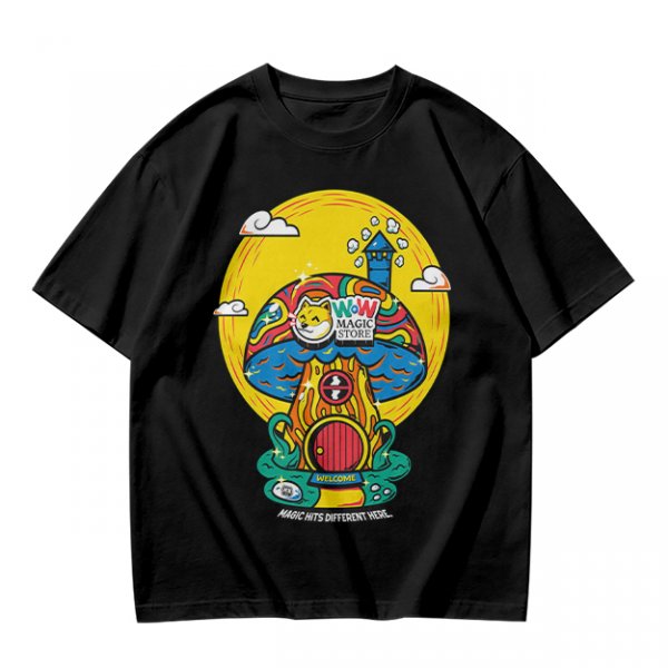 Olive T-Shirt with Trippy Mushroom House Graphic Design