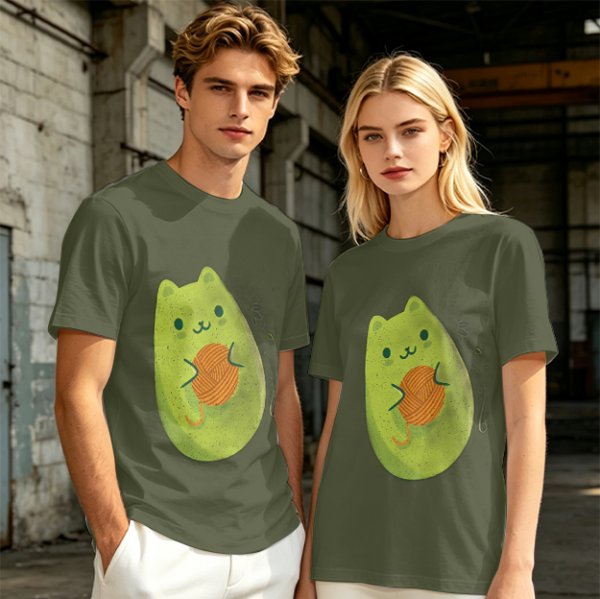 Olive Green T-Shirt With Cute Avocado Cat Holding Yarn Ball Print
